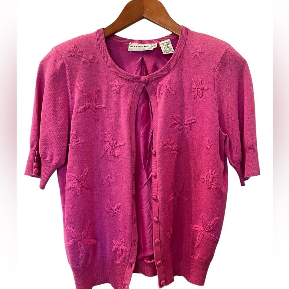 Dana Buchman Women’s Pink Silk Starfish Short Sleeve Cardigan Sweater Medium